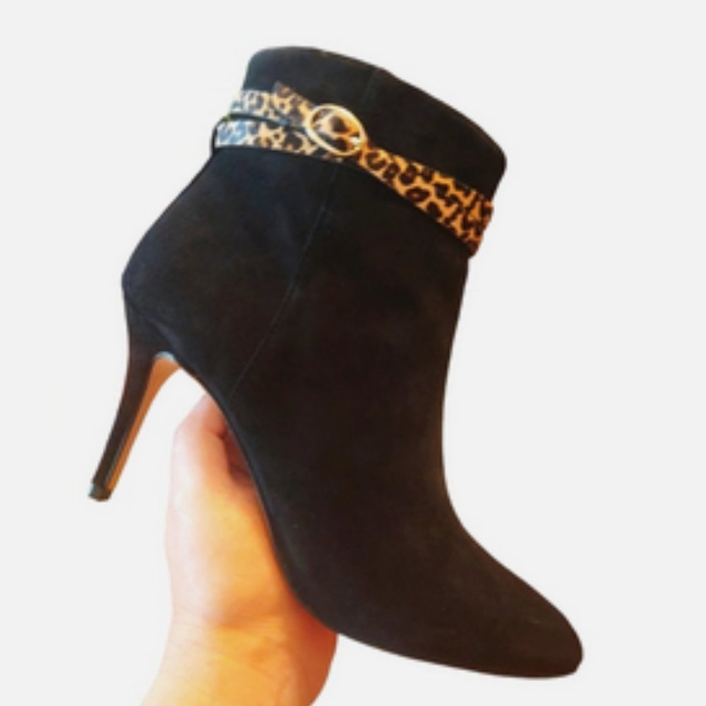 Essex Lane Black Ankle Boots with Leopard Accent